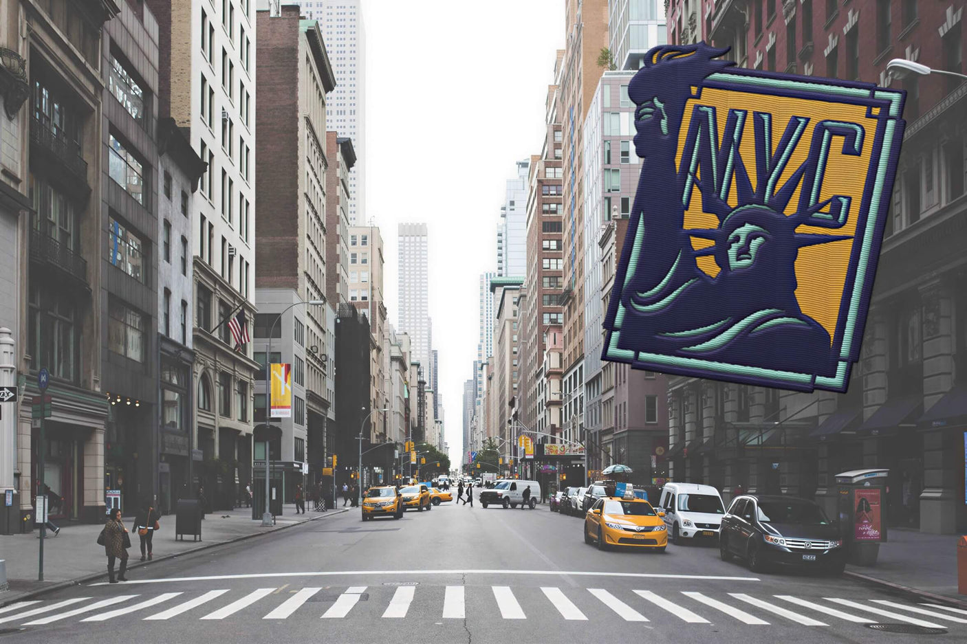 New York City sticker featuring the Statue of Liberty and NYC text on a street with yellow taxis.