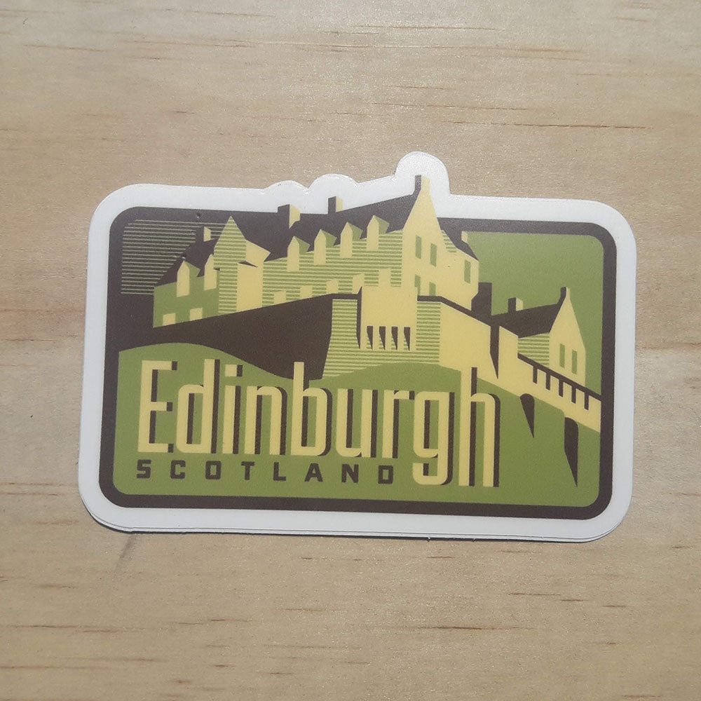 Edinburgh Scotland sticker featuring a castle design in green and yellow with bold text.