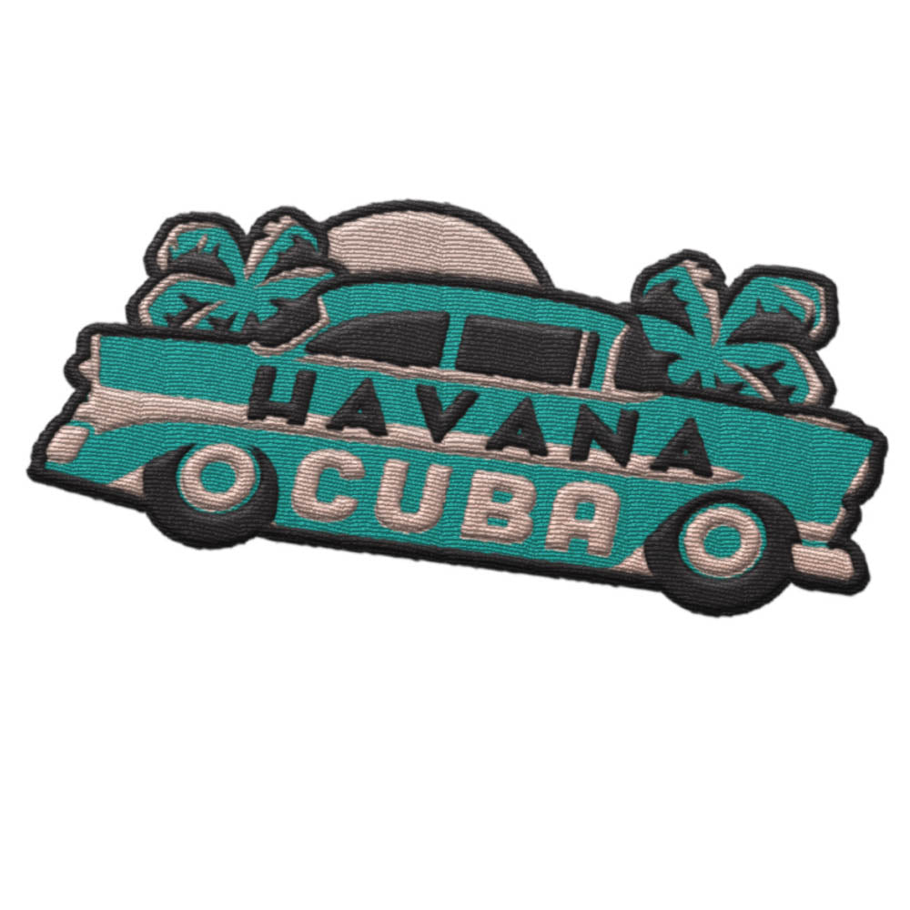 Havana Cuba patch featuring a vintage car with palm trees and bold text in teal and black colors.