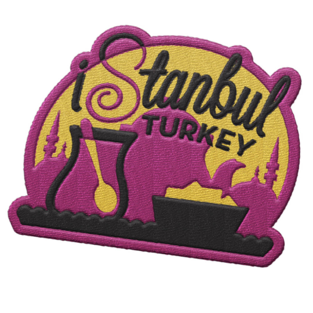 Istanbul Turkey patch featuring a pink and yellow design with a teapot and silhouette of city landmarks.