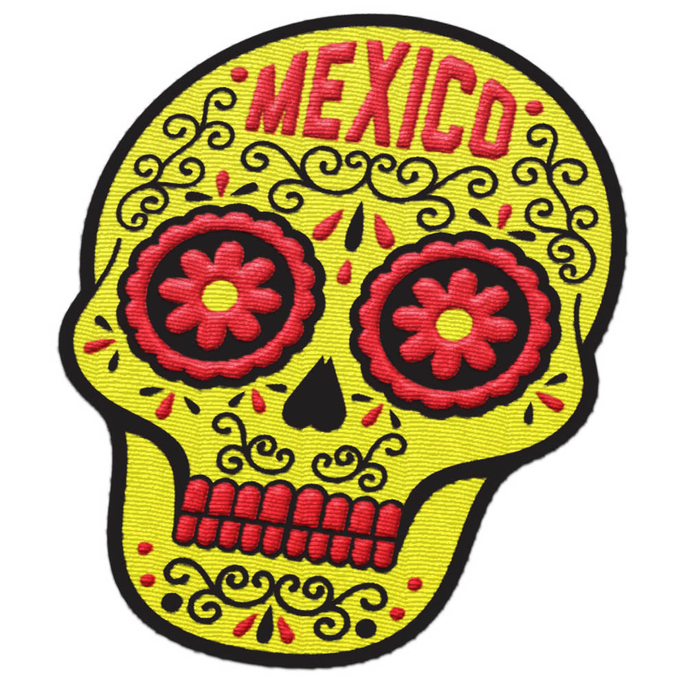 Colorful Mexico patch featuring a skull design with red flowers and intricate black patterns on a yellow background.