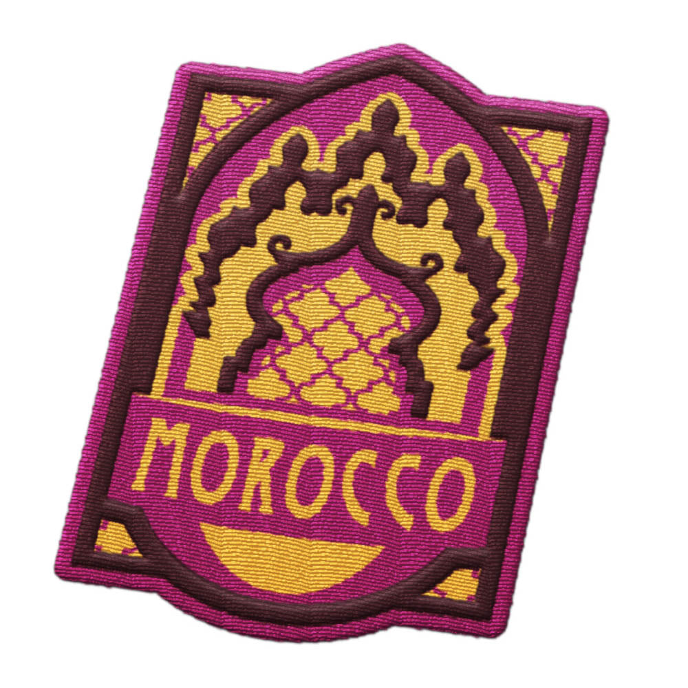 Morocco patch featuring intricate designs in yellow, purple, and brown with the word "Morocco" prominently displayed.