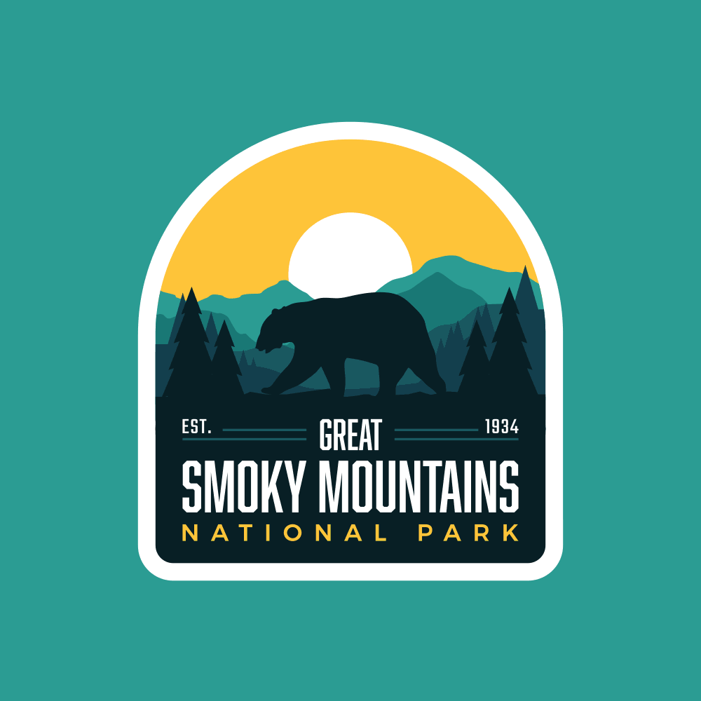 Great Smoky Mountains National Park patch featuring a bear silhouette, mountains, and a sun in yellow and teal colors.