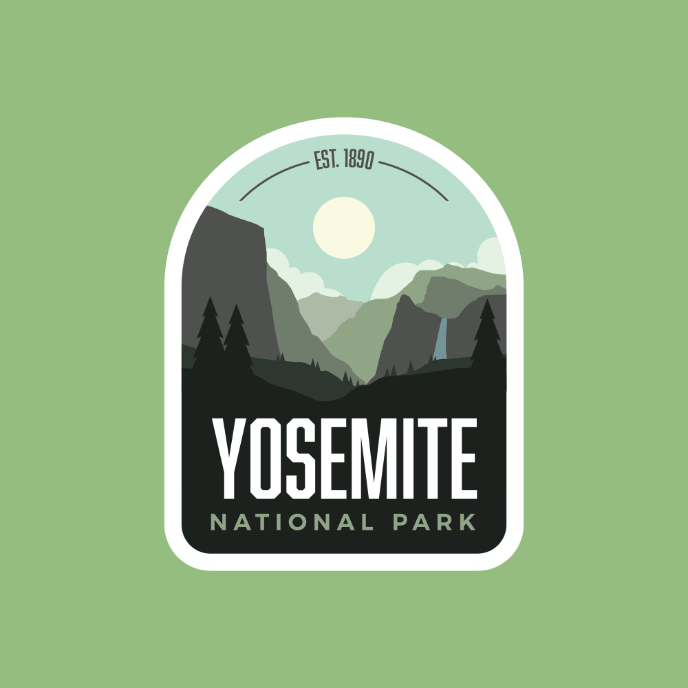 Yosemite National Park patch featuring mountains, trees, and a sun, with "Yosemite" and "National Park" text.