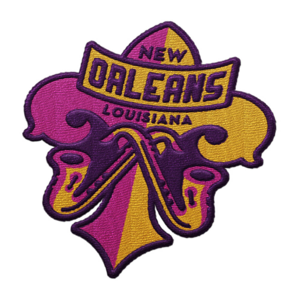 New Orleans patch featuring a purple and gold fleur-de-lis design with "New Orleans Louisiana" text.