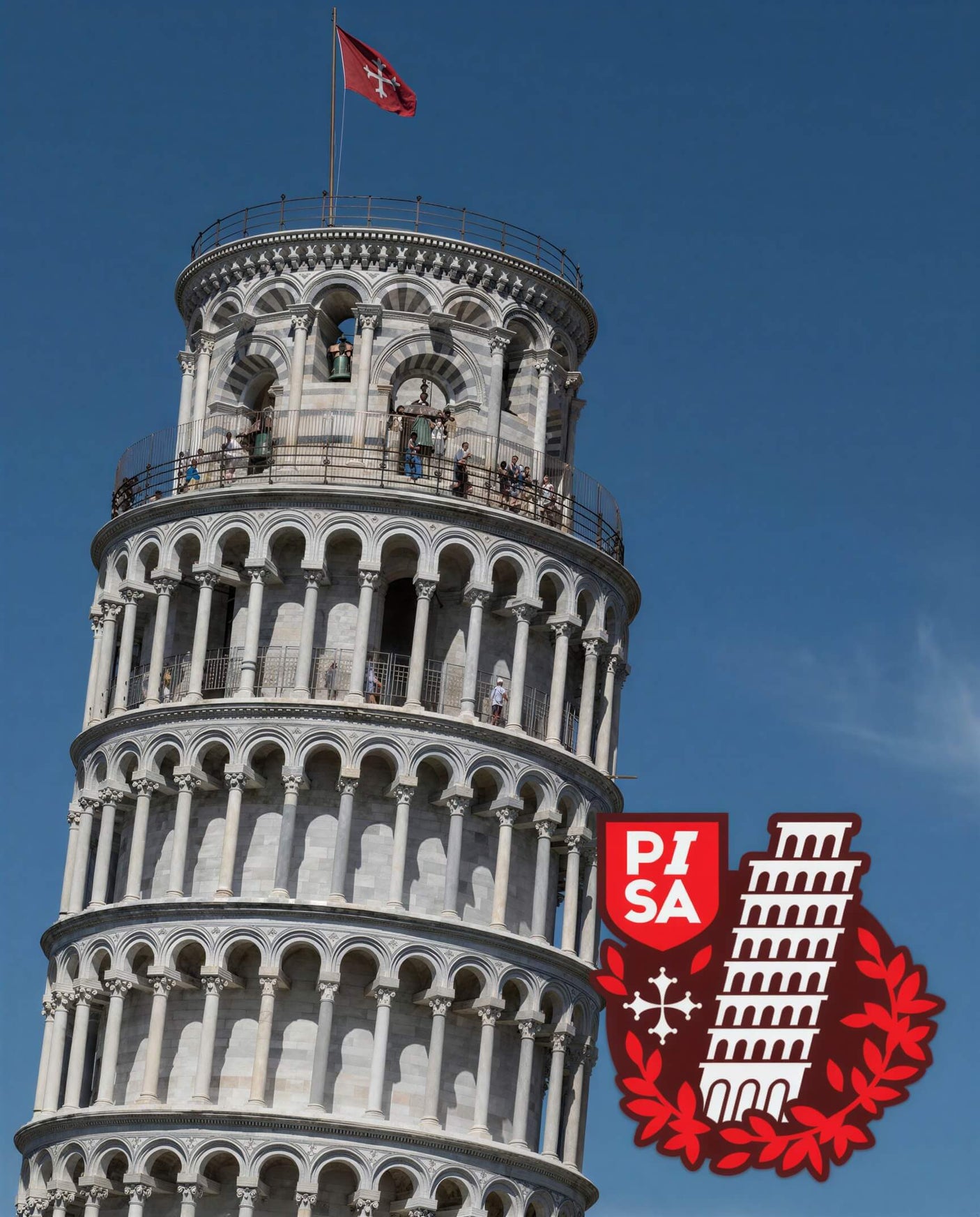 Leaning Tower of Pisa sticker featuring the tower and a red emblem with "PISA" text.