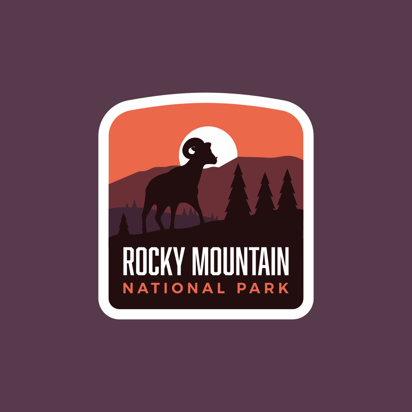 Rocky Mountain National Park patch featuring a silhouette of a ram against a sunset with mountains and trees.