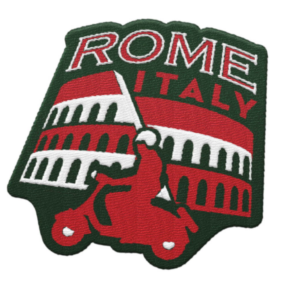 Rome Italy patch featuring a red scooter and the Colosseum, with green and red colors.