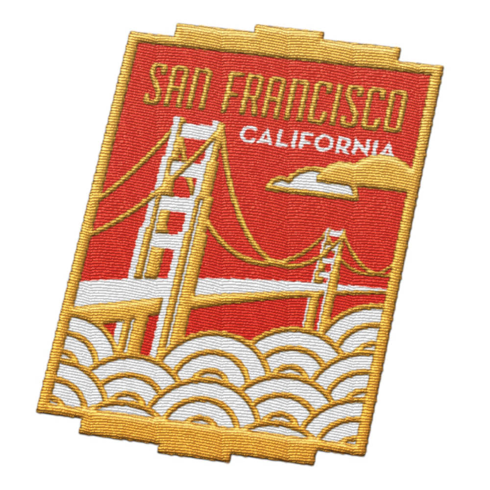 San Francisco California patch featuring the Golden Gate Bridge on a red background with white clouds.