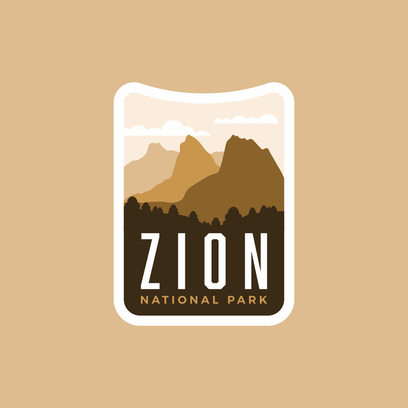 Zion National Park patch featuring mountains and trees in earthy tones on a beige background.