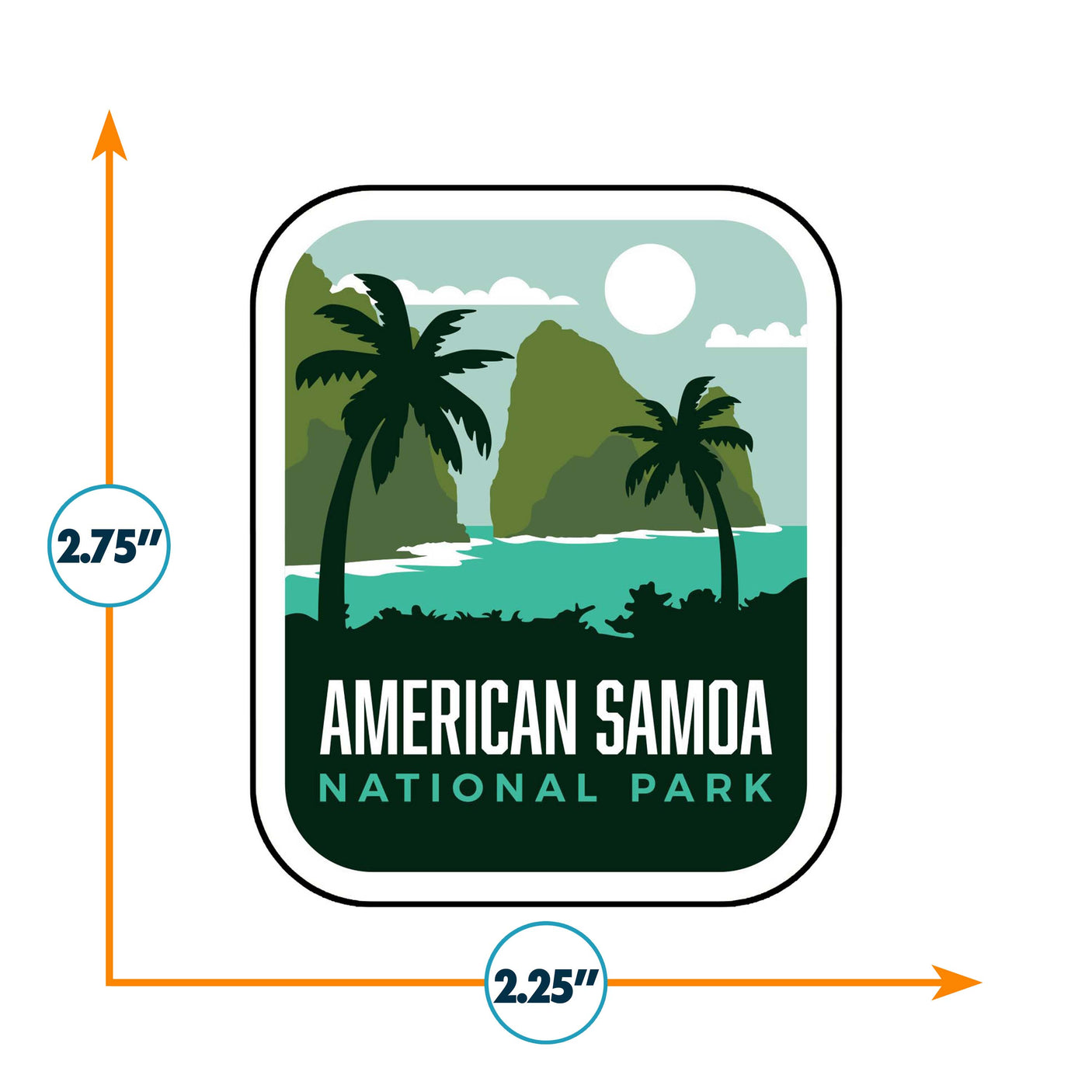 American Samoa National Park patch featuring palm trees, mountains, and a sunlit sky in green and blue colors.
