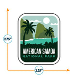 American Samoa National Park patch featuring palm trees, mountains, and a sunlit sky in green and blue colors.
