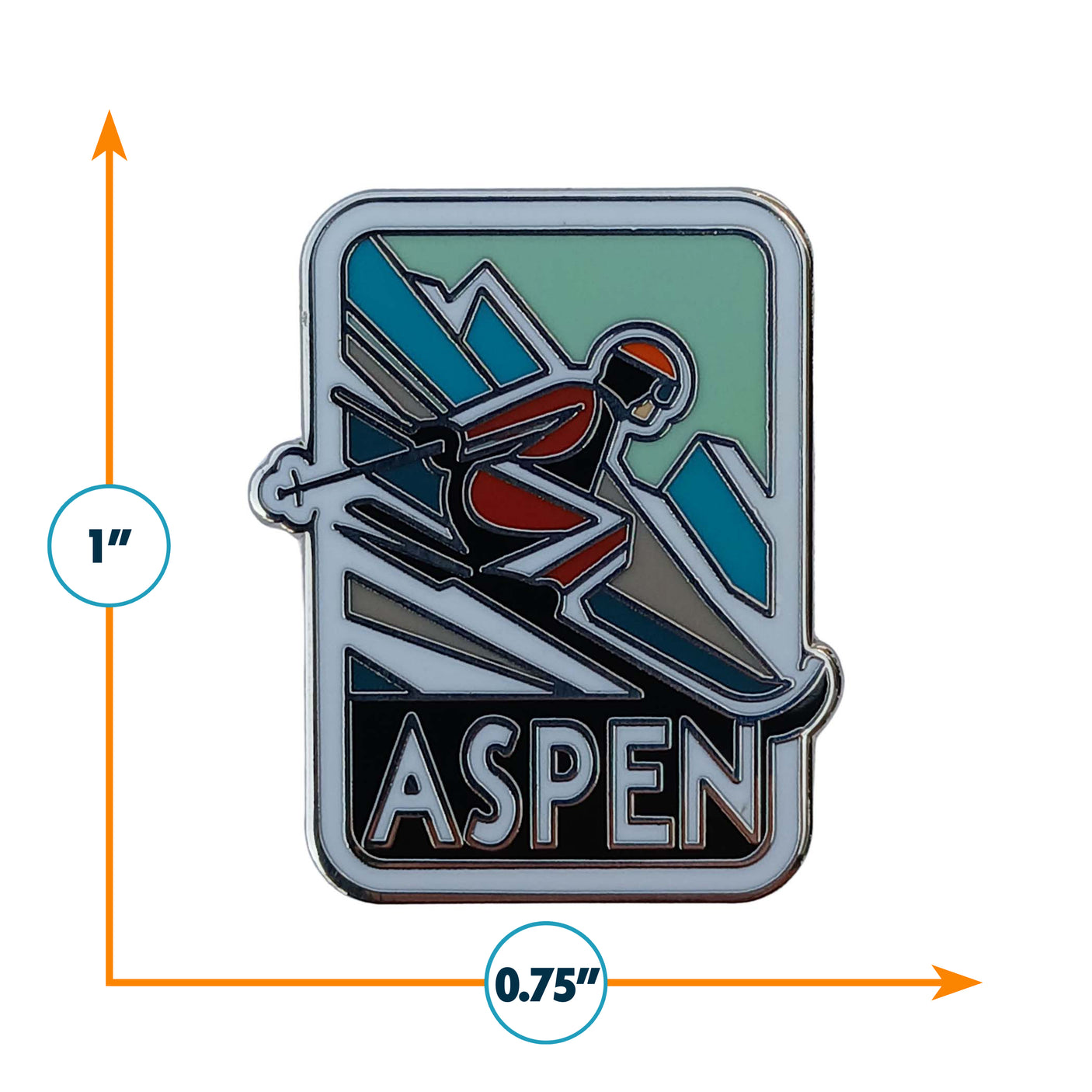 Aspen Colorado enamel pin featuring a skier against a mountain backdrop, measuring 1 inch by 0.75 inches.