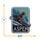 Aspen Colorado enamel pin featuring a skier against a mountain backdrop, measuring 1 inch by 0.75 inches.