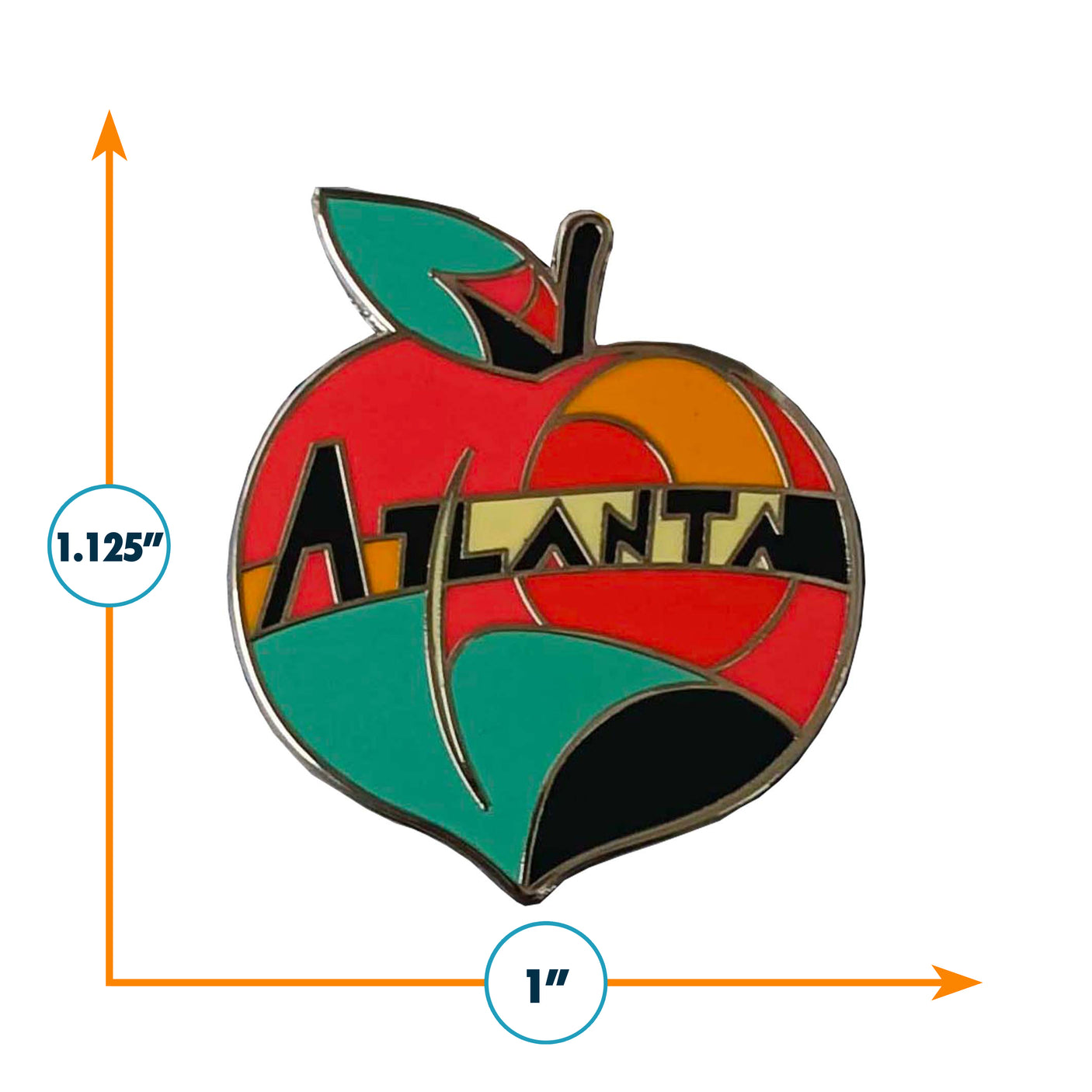 Atlanta enamel pin featuring a colorful peach design with the word "Atlanta" in bold letters, measuring 1.125 inches by 1 ...
