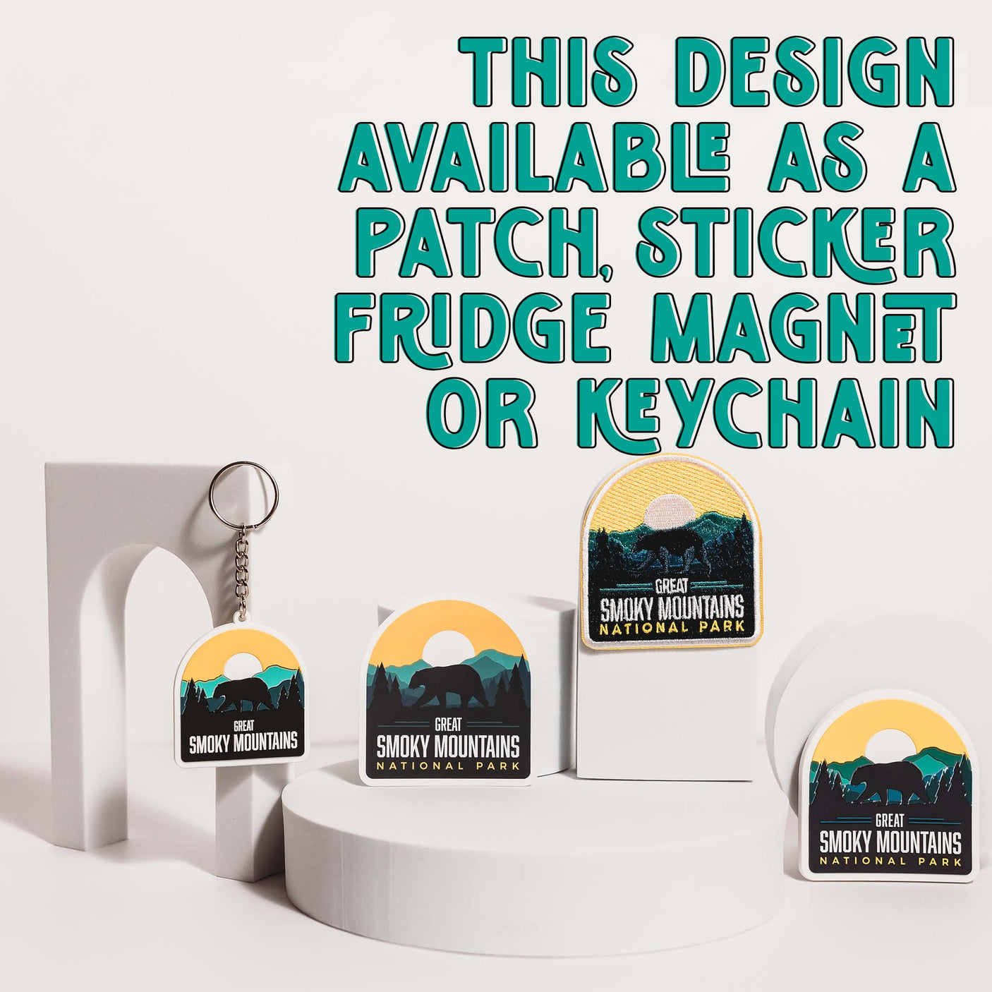 Savannah Patch featuring a sunset over mountains with text "Great Smoky Mountains National Park" in vibrant colors.