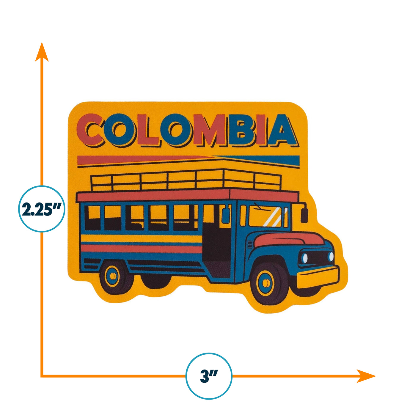 Colombia sticker featuring a colorful bus design with bold "Colombia" text above, measuring 3 inches by 2.25 inches.