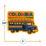 Colombia sticker featuring a colorful bus design with bold "Colombia" text above, measuring 3 inches by 2.25 inches.