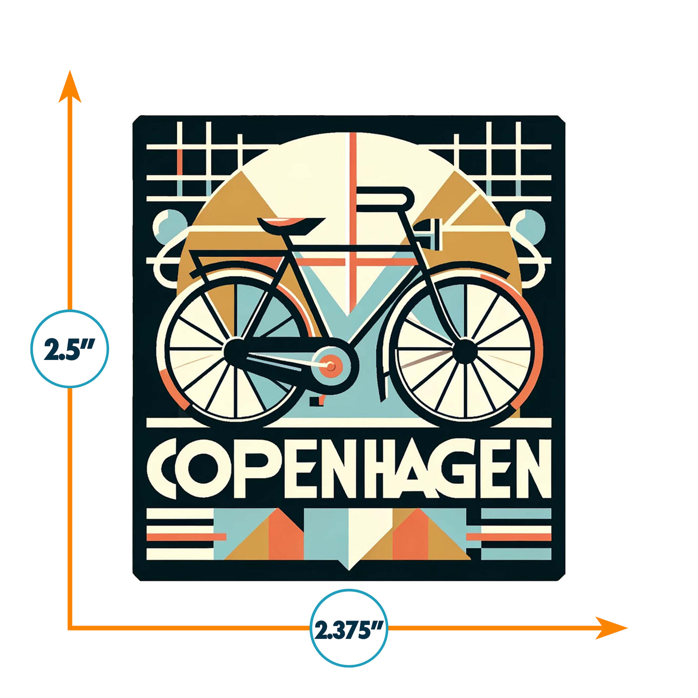 Copenhagen sticker featuring a vintage bicycle design with geometric shapes and muted colors.