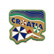 Croatia enamel pin featuring the country's outline, blue and green waves, and beach umbrellas in white and blue.