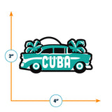 Cuba patch featuring a vintage car, palm trees, and the word "CUBA" in bold turquoise letters.