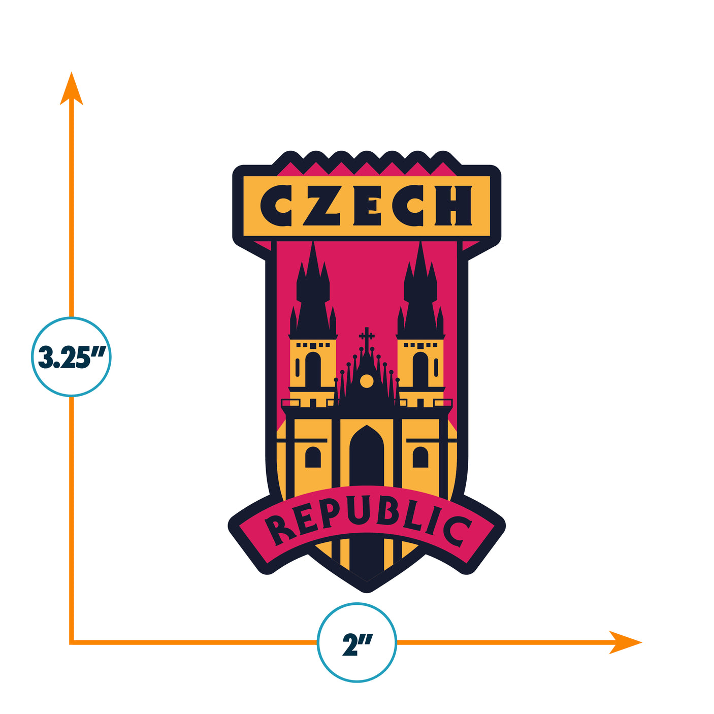 Czech Republic patch with a castle design, red, yellow, and black colors, measuring 3.25 inches by 2 inches.