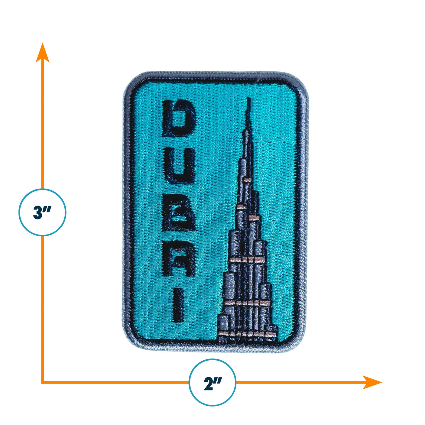 Dubai patch featuring the Burj Khalifa design, with a turquoise background and black lettering, measuring 3 inches by 2 in...