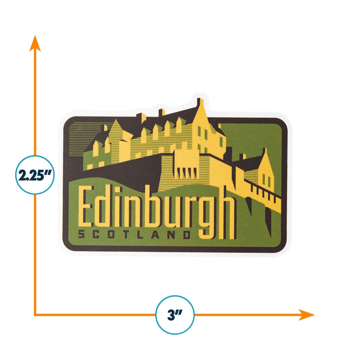 Edinburgh Scotland sticker featuring a castle silhouette in yellow and green, measuring 3 inches by 2.25 inches.