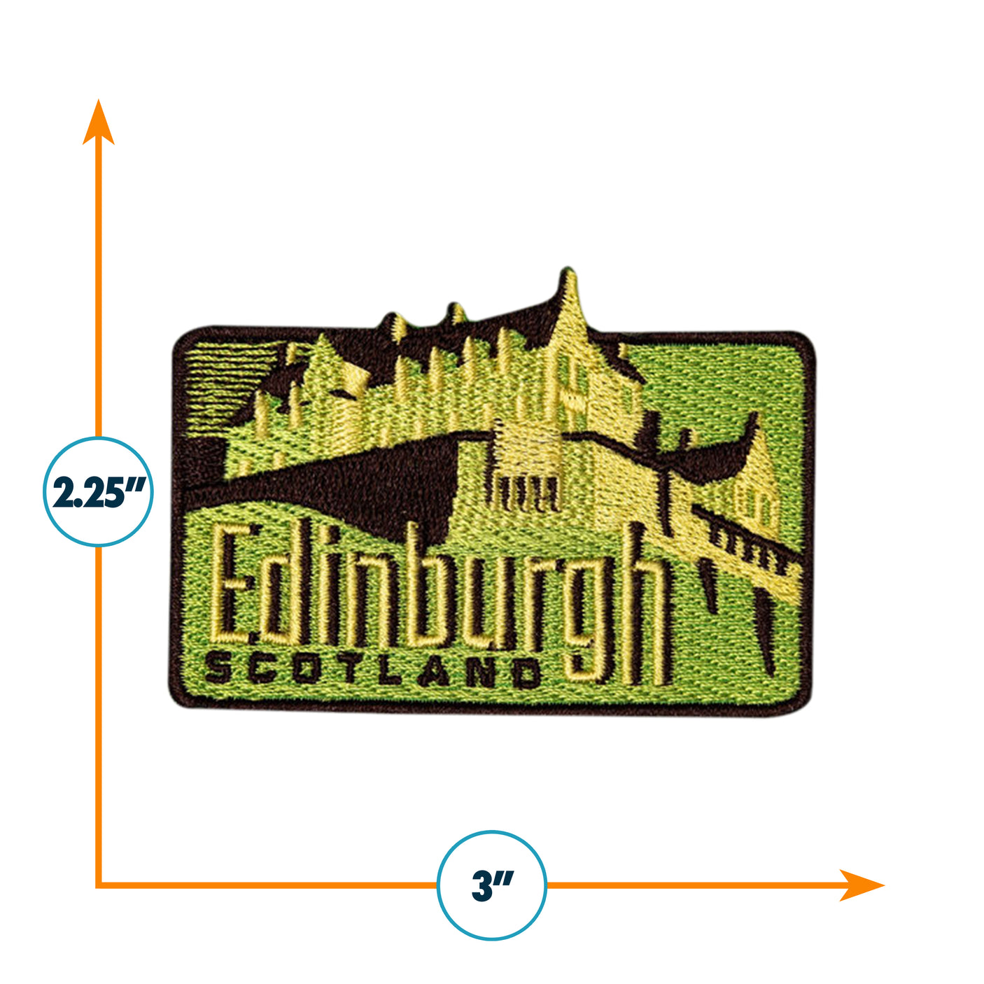 Edinburgh Scotland patch featuring a castle design on a green background, measuring 2.25 inches by 3 inches.