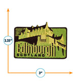 Edinburgh Scotland patch featuring a castle design on a green background, measuring 2.25 inches by 3 inches.
