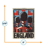 Embroidered England patch featuring three figures with a red, white, and blue background, measuring 2.75 by 2 inches.