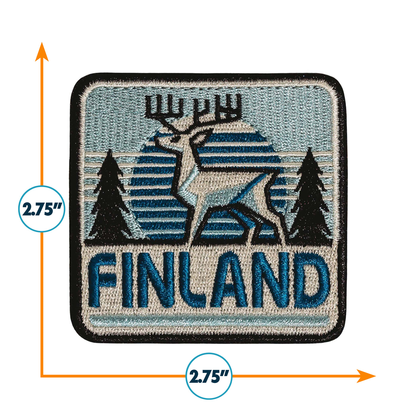 Embroidered patch with a reindeer and trees design, featuring the word 'FINLAND', with dimensions indicated.