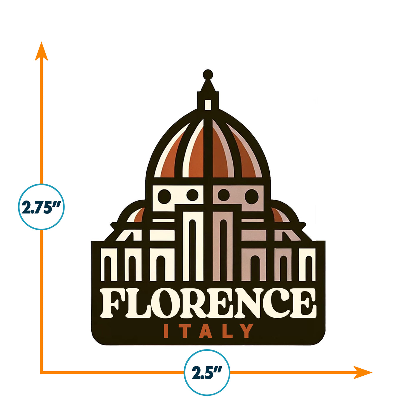 Florence Italy sticker featuring a stylized dome and architectural details, measuring 2.75 inches by 2.5 inches.