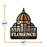 Florence Italy sticker featuring a stylized dome and architectural details, measuring 2.75 inches by 2.5 inches.