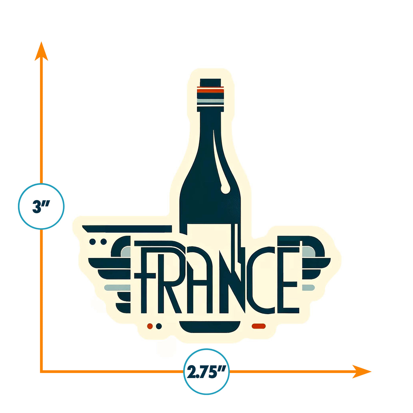 France sticker featuring a wine bottle design with wings, measuring 3 inches tall and 2.75 inches wide.