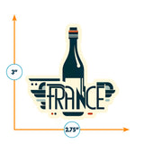 France sticker featuring a wine bottle design with wings, measuring 3 inches tall and 2.75 inches wide.