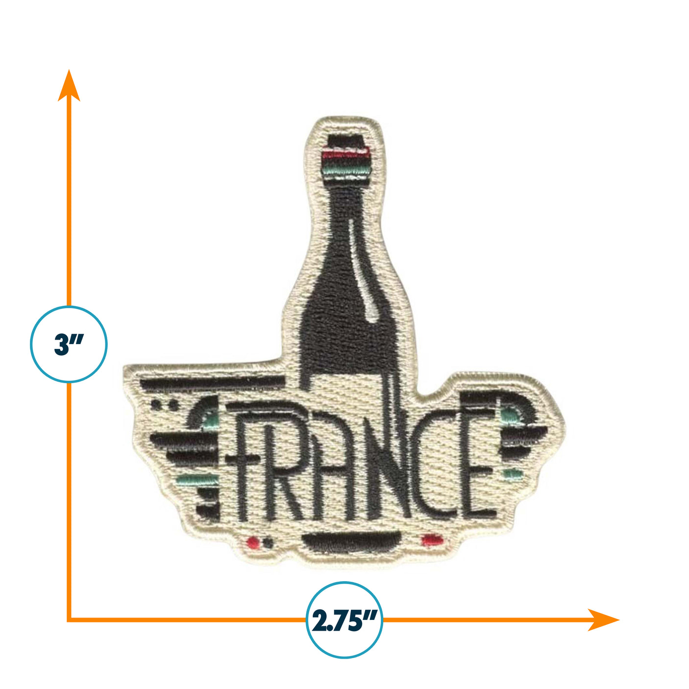 France patch featuring a wine bottle design, measuring 3 inches by 2.75 inches, with embroidered details.