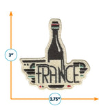 France patch featuring a wine bottle design, measuring 3 inches by 2.75 inches, with embroidered details.