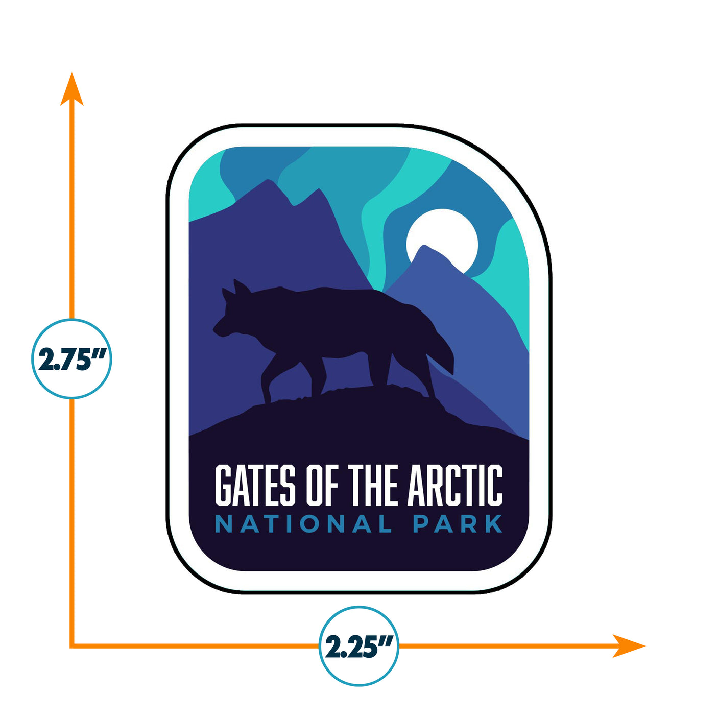 Gates of the Arctic National Park patch featuring a silhouette of a wolf against mountains and a moon, measuring 2.25 by 2...