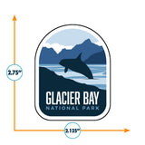 Glacier Bay National Park patch featuring a whale silhouette against mountains and water, measuring 2.75 by 2.125 inches.
