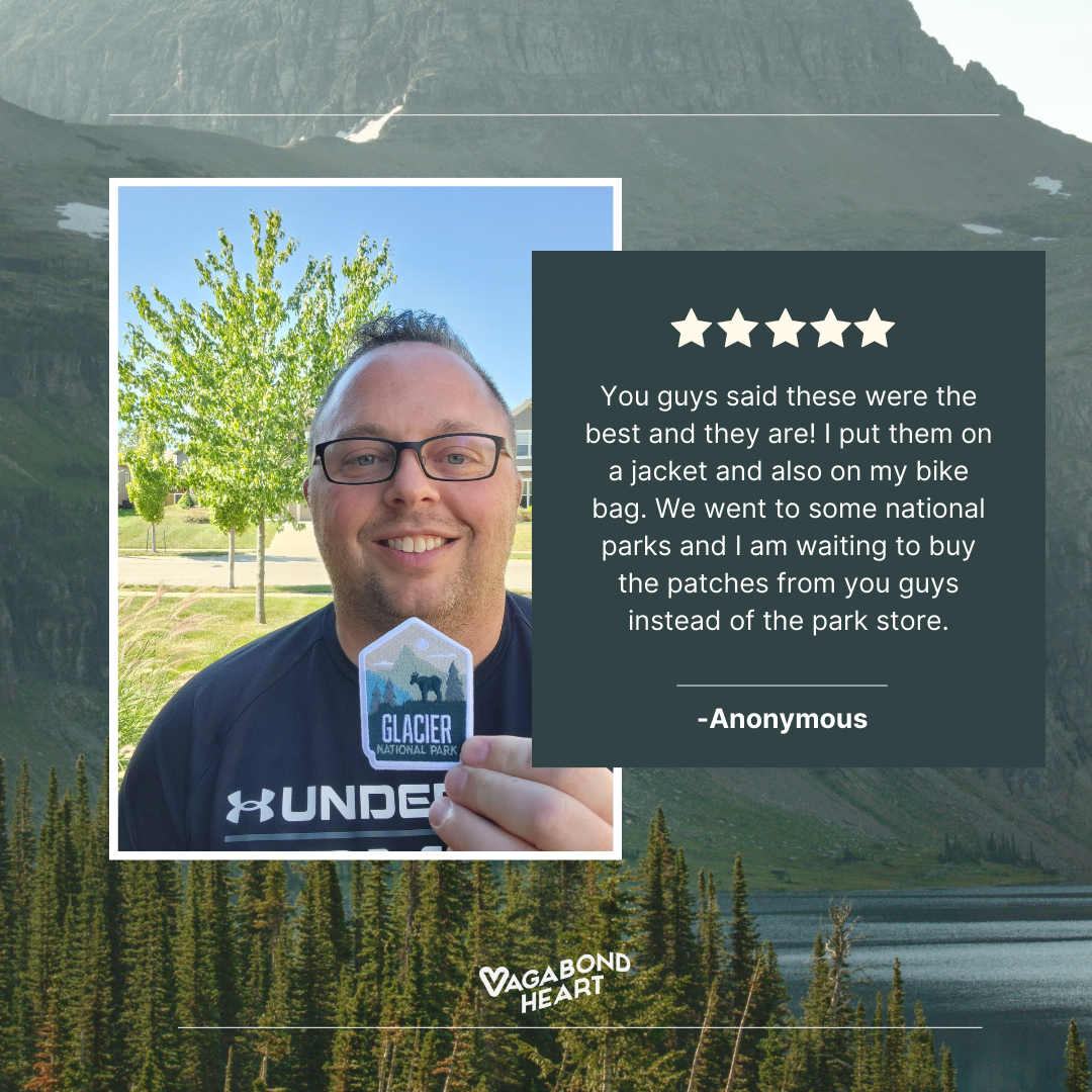 Glacier National Park patch featuring a blue and white design with mountain graphics and park name.