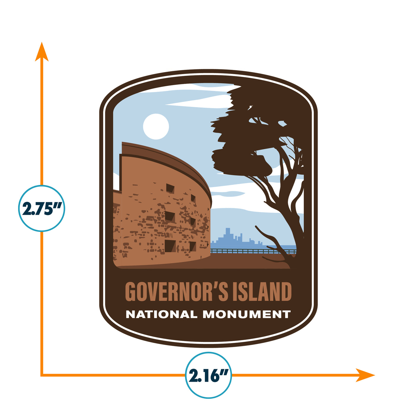 Governor's Island National Monument vinyl sticker featuring a historic fort, tree silhouette, and city skyline in the back...