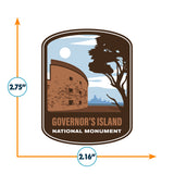 Governor's Island National Monument vinyl sticker featuring a historic fort, tree silhouette, and city skyline in the back...