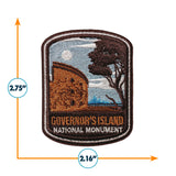 Governor's Island National Monument iron-on patch featuring a historic building, tree, and water scene.