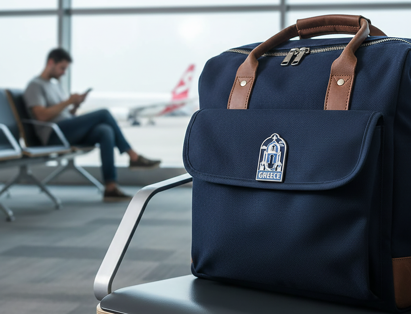 Greece enamel pin featuring a blue and white design, displayed on a navy bag in an airport setting.