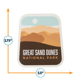 Great Sand Dunes National Park sticker featuring desert landscape in warm colors, measuring 2.5 inches by 2.75 inches.