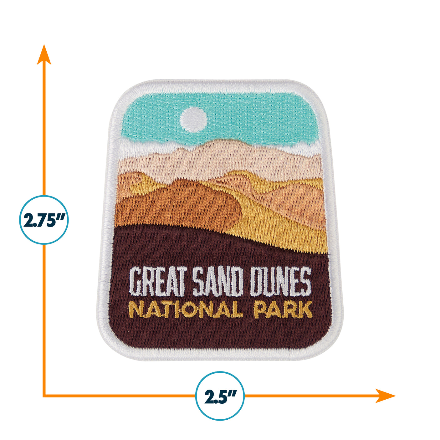 Great Sand Dunes National Park patch featuring tan and brown embroidered dunes with a blue sky and sun.
