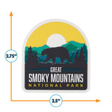 Great Smoky Mountains National Park PVC fridge magnet featuring a bear, mountains, and a yellow sky. Measures 2.5 x 2.75 i...