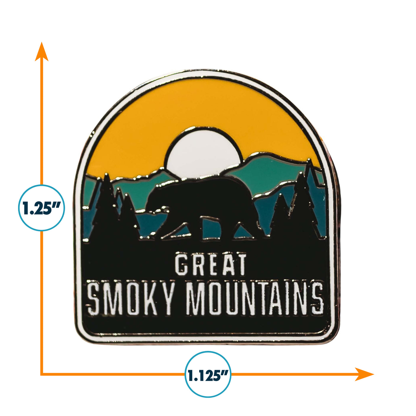 Great Smoky Mountain National Park enamel pin featuring a bear, mountains, and a sunset design in vibrant colors.