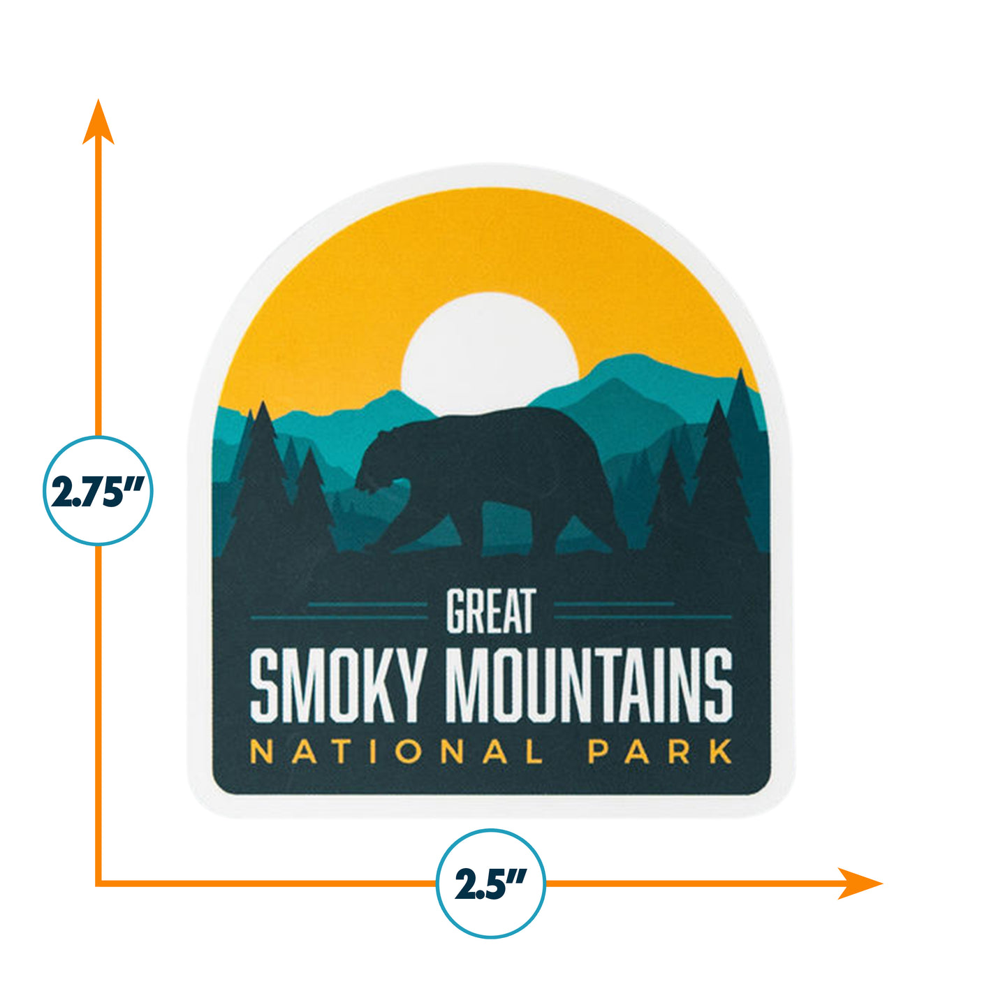 Great Smoky Mountains National Park sticker featuring a bear silhouette and mountain landscape in blue and yellow colors.